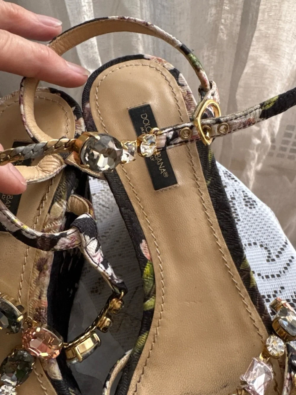 Dolce & Gabbana Black Floral Jeweled T-Strap Platform Sandal